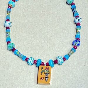 Vintage lamp work glass bead necklace- Bakelite mahjong pendant 20” blue green